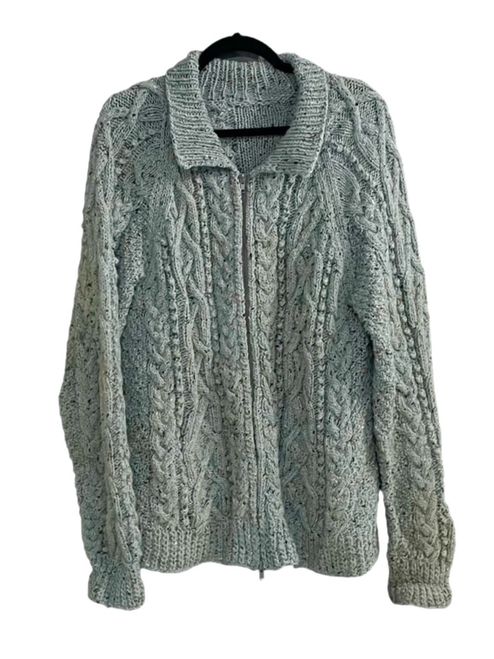 Hand Knit Wool Zip Front Cardigan Sweater Blue Large Extra Large